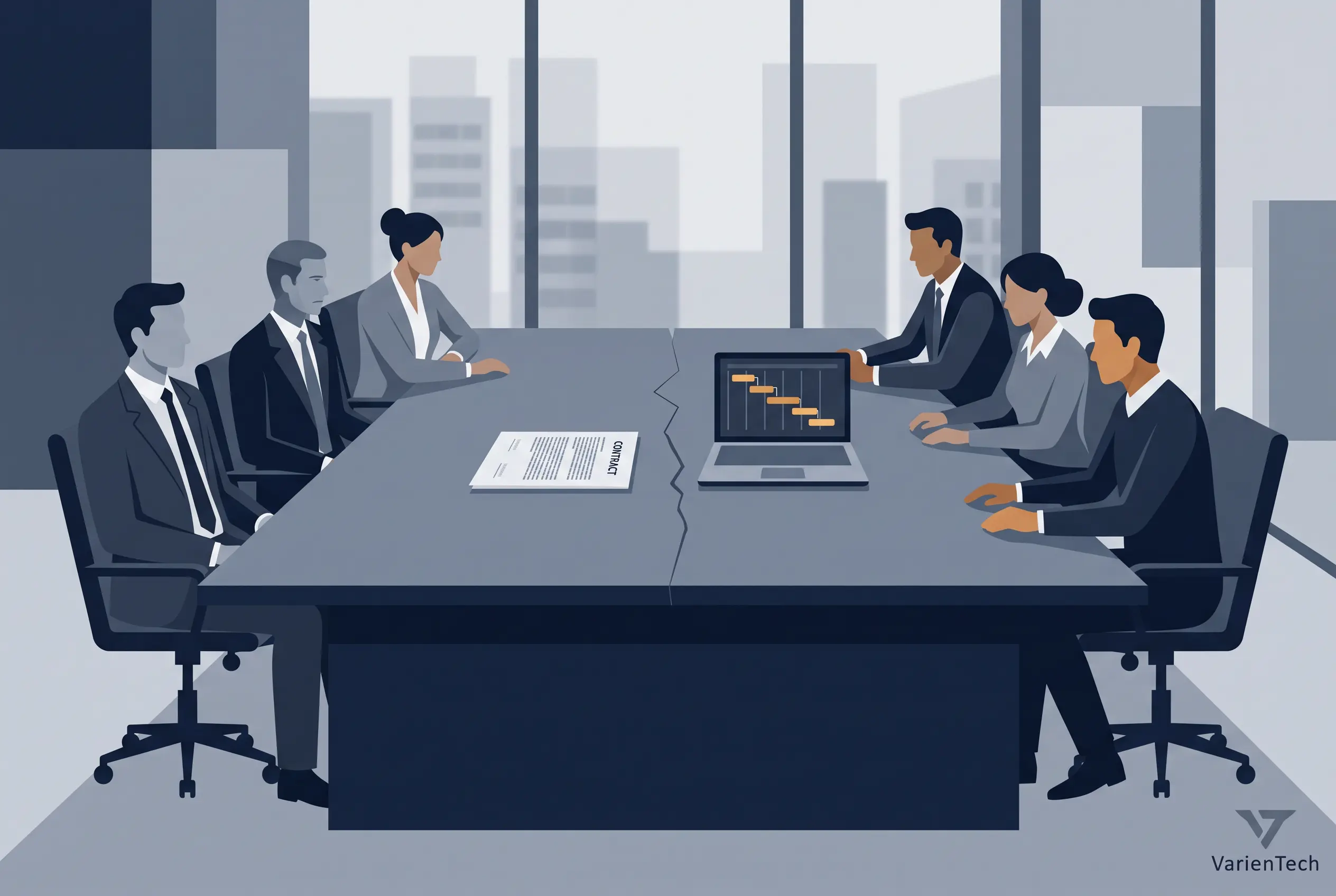 Outsourcing software development mistakes discussed by client and vendor teams reviewing a contract