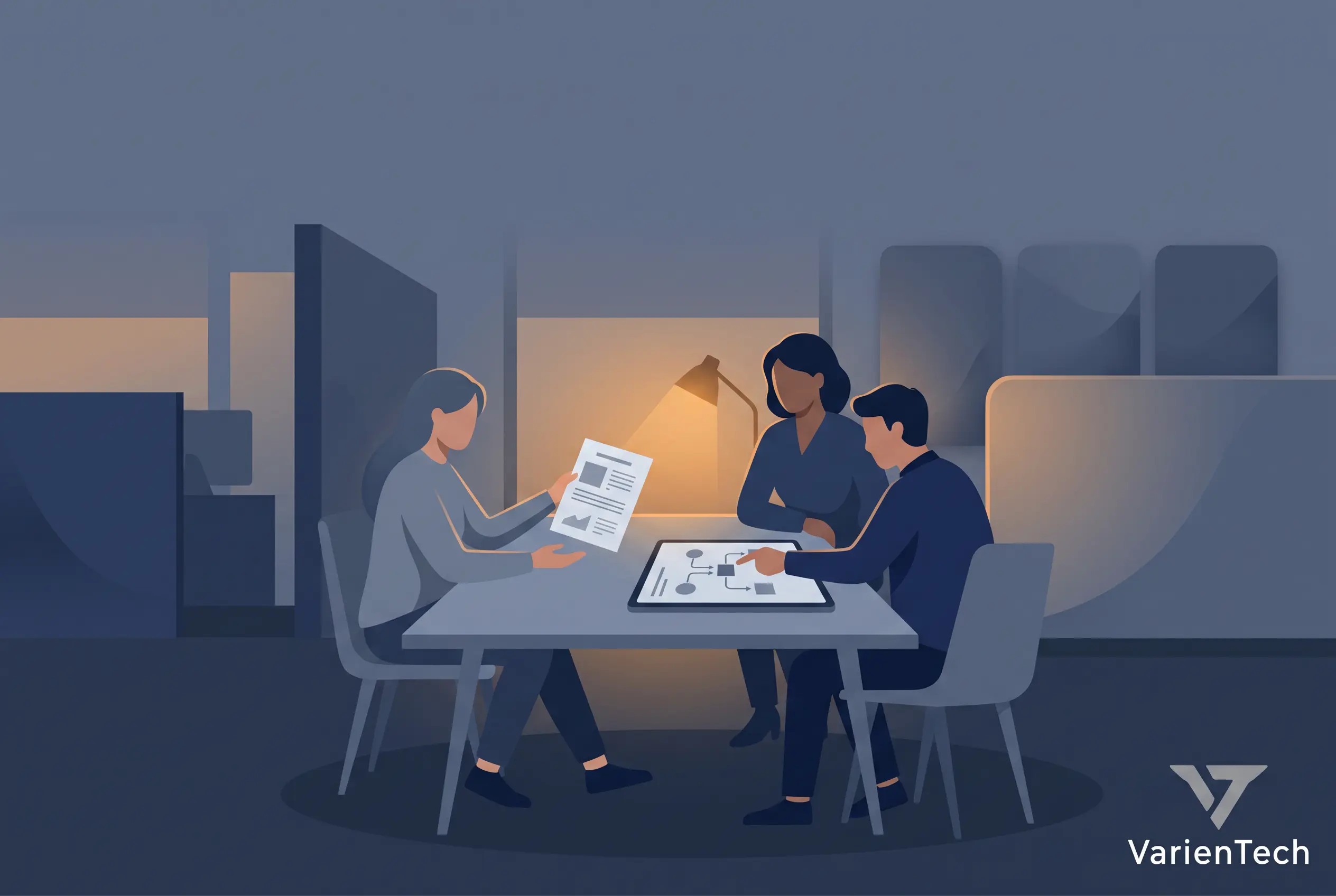 Common Mistakes Companies Make When Outsourcing Software Development 2 Business leaders reviewing an outsourcing contract and project scope before signing